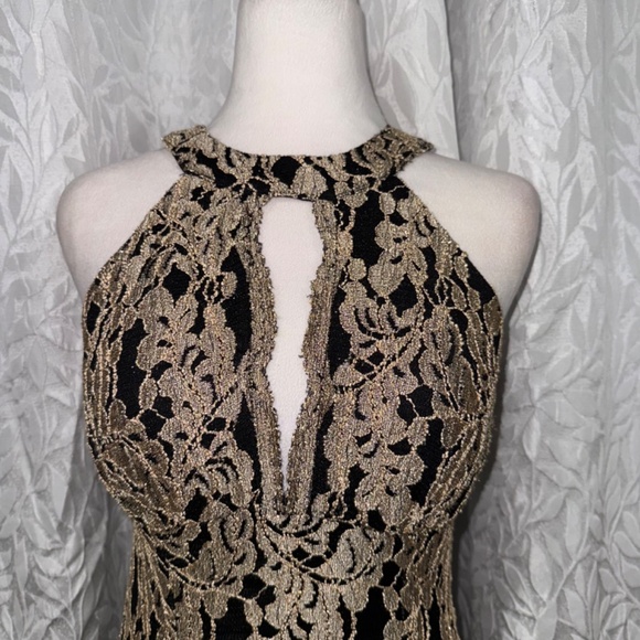 black and gold body con formal prom halter fitted size small bridesmaid dress - Picture 4 of 11